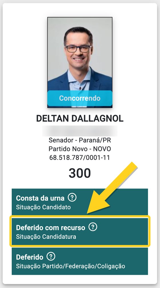 Ficha de Deltan Dallagnol no DivulgaCand, do TSE, com as situações Concorrendo, Consta da urna e Deferido com recurso
